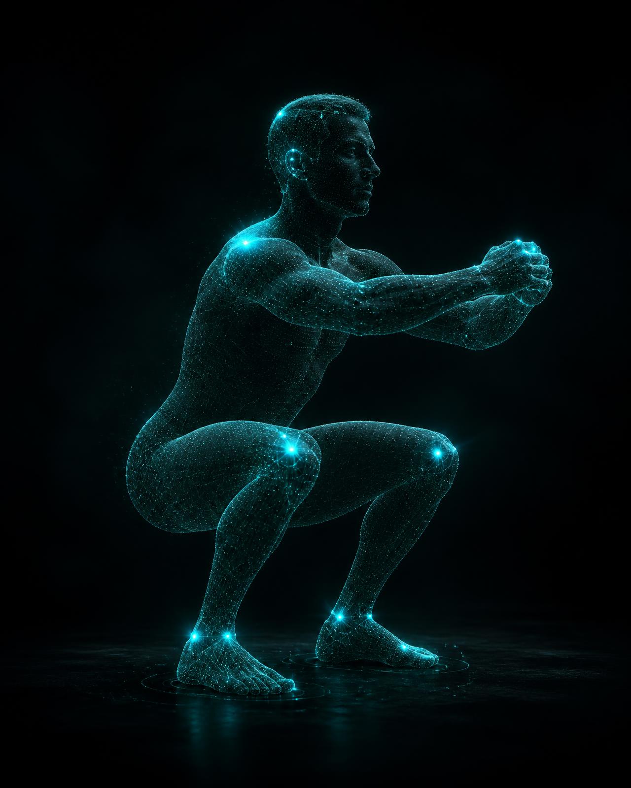 3D point-cloud human figure rotating slowly while holding a squat