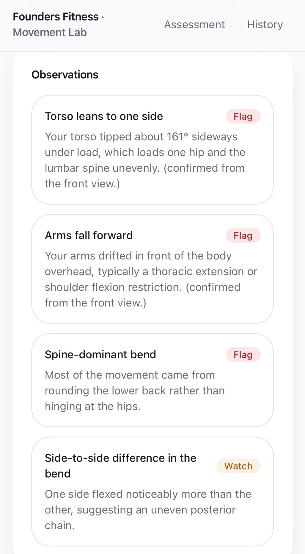 Observations screen listing flagged findings such as torso lean, arms falling forward and spine-dominant bend