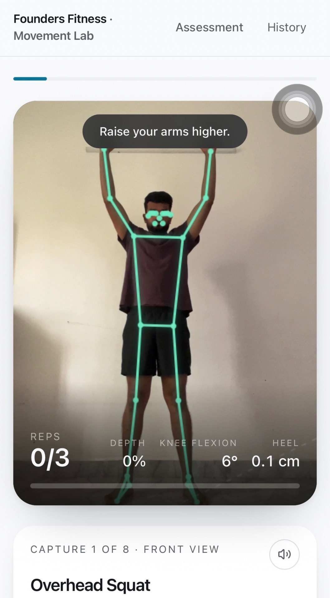 Movement Lab capture screen tracking a skeleton overlay on a standing athlete, front view