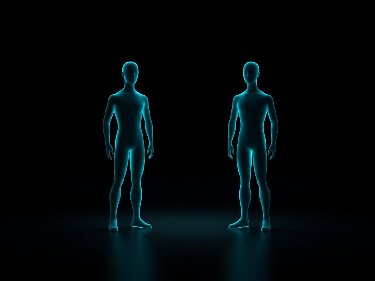 Two 3D human figures compared along a glowing timeline