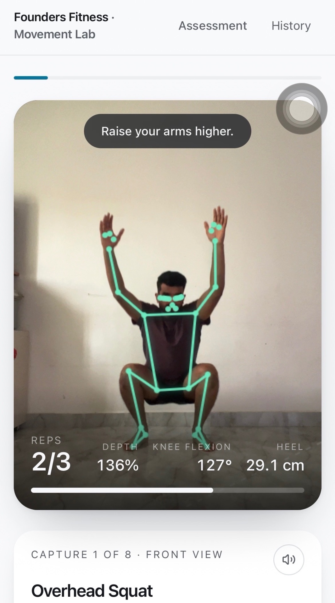 Capture screen at the bottom of an overhead squat showing live depth, knee flexion and heel lift values